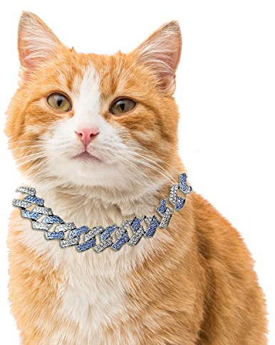 Halukakah Goldkette Iced Out für Katze,Diamant Kubanische Halskette Kragen 14MM Platin Weißgold Überzogen Blau Diamanten 20cm Größe mit KOSTENLOSER Geschenkbox,Nur Dekoration