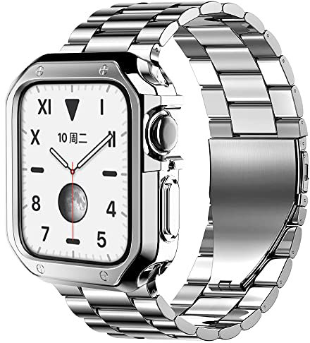 EIHAIHIS Bande + Coque pour Apple Watch 42mm 44mm 45mm, Bracelets Métalliques en Acier Inoxydable avec Étui de Protection en Silicone pour iWatch Series 8/7/SE/6/5/4/3, Argent