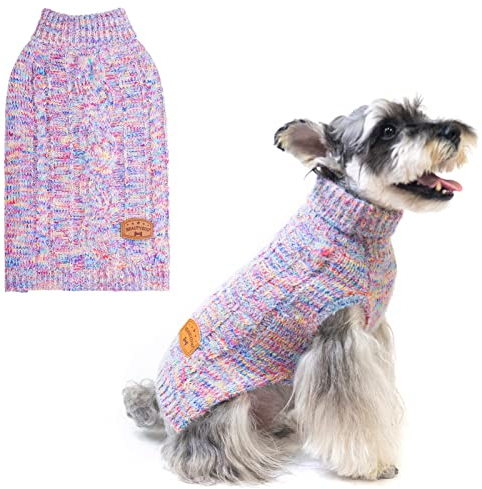 BEAUTYZOO Kleiner Hundepullover – Rollkragenpullover klassischer Zopfstrick, flauschiger Wintermantel für Hunde, kaltes Wetter, Kleidung für kleine, mittelgroße Hunde, Jungen (Regenbogenrosa, M/L)