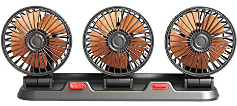Baceyong Ventilatore elettrico per auto, 5 V/12 V/24 V, rotazione a 360°, 3 teste, per sedili anteriori e posteriori, passeggeri, animali domestici, raffreddamento portatile per SUV, camper, veicoli