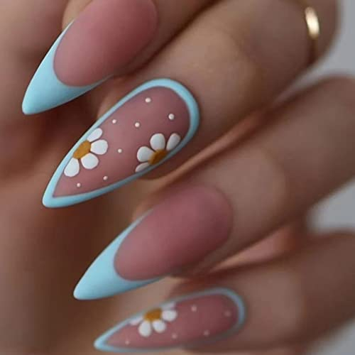 Ceboic Mandel Nägel Zum Aufkleben Kurz, French Blau Rosa Künstliche Nägel Glossy Kunstnägel Press on Nails mit Blumen Designs, Almond Full Cover Fingernägel Fake Nails für Frauen