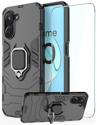 DERHAN Funda para Realme 10, Fundas Resistentey Duradero con Cristal Templado, Carcasa Antigolpes Silicona TPU Bumper Case Cover con Soporte Anillo - Negro