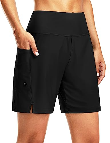G Gradual Women's 7 Long Swim Board Shorts High Waisted Quick Dry Beach Swimming Shorts for Women with Liner Pockets(Black,L)