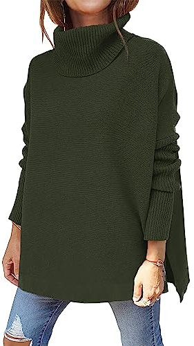 Jhsnjnr Women's Turtle Neck Knit Tops Long Sleeve Batwing Jumpers Fashion Oversized Sweaters Army Green