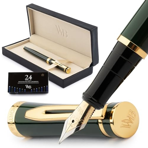 Wordsworth & Black Füllfederhalter-Set, feine 18-Karat-Goldfeder, inklusive 24 Tintenpatronen, Kolbenkonverter und Geschenkbox, goldfarben, Kalligraphie, Grün