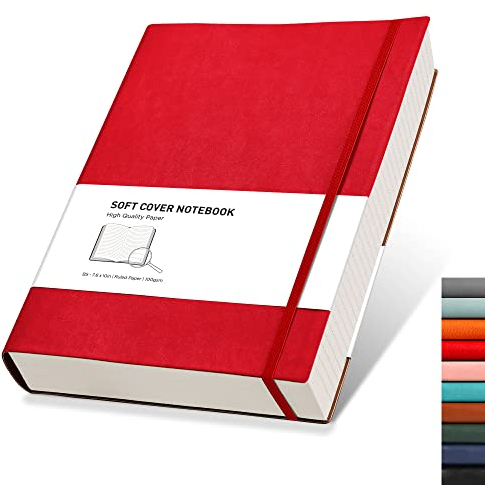 RETTACY Notizbuch B5 liniert - Dickes Tagebuch mit 320 nummerierten Seiten, 1 Rücktasche und hochwertigem Softcover für Frauen und Männer im Büro oder in der Schule, 19 x 25 cm - Rot