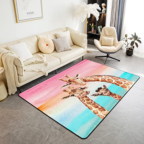 Loussiesd Netter Giraffe Bereich Teppich 150x200cm Zoo Tier Teppiche für Wohnzimmer Schlafzimmer Balkon Küche Terrasse Cartoon Tier Bunte Akzent Modern Teppich Wetterfest Waschbar