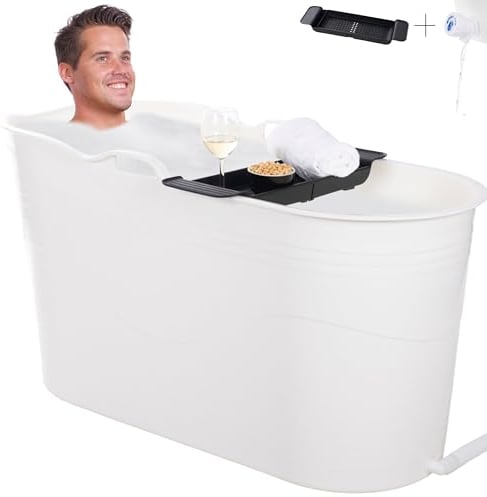 HelloBath® Mobile Badewanne für Erwachsene XL 122x56x64 cm | mit Badewannenablage & Seifenkorb | Komfortable Sitzbadewanne Erwachsene zur Tiefenentspannung | Badezimmer & Outdoor (Steinweiß)