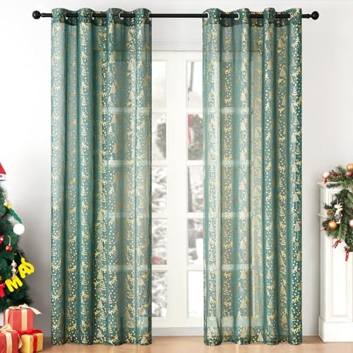 MRTREES Vorhang Weihnachten grüne gardinen weihnachtsgardinen Vorhang transparent 225 cm lang Vorhang kinderzimmer 2er Set vorhänge Weihnachtsbäume Muster