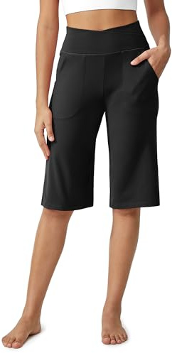 G4Free Caprihose Damen Kurze Hose Knielange Sommer Yogahose mit Taschen Weite Bein Hohe Taille Bermuda Shorts Lounge Stretch Freizeithose