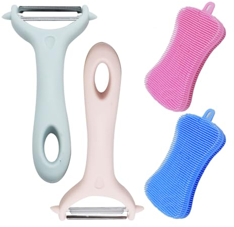 Econome Legumes, pelapatate in acciaio inox, pelapatate per patate sospese a forma di Y, con 2 spazzole per stoviglie, per frutta e verdura (blu, rosa)