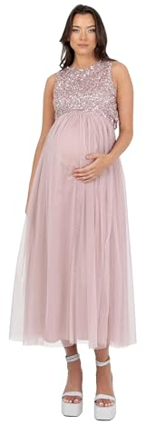 Maya Deluxe Womens Ladies Maternity Dress for Pregnant Wedding Guest Midaxi Sleeveless Sequin Embellished Tulle Crew Neck Bridesmaid, Robe de Demoiselle d'honneur aux Femmes, Soft Pink,