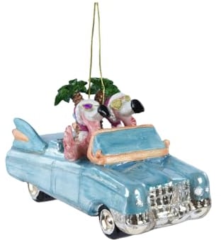 Boule de Noël « Cadillac avec flamants roses » – Suspension pour sapin de Noël, L 6,7 cm x l 13,6 cm x H 7,8 cm, verre – 1 pièce