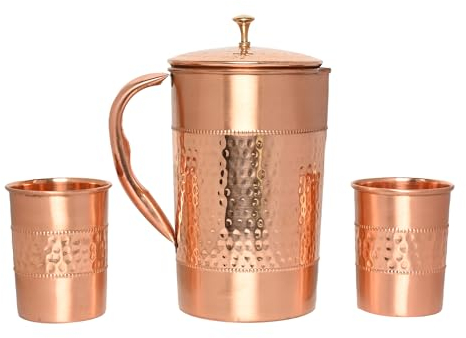 Wasserkrug aus reinem Kupfer mit 2 Kupfergläsern (gehämmertes und schlichtes Muster) für Ayurveda-Gesundheitsvorteile (mit geradem Glas)