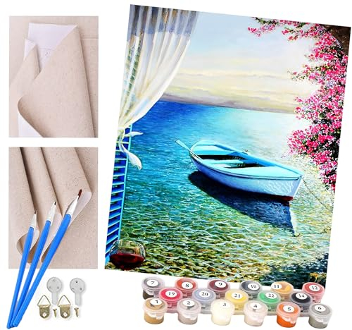 Malen nach Zahlen Kits Erwachsene und Kinder Boot vor dem Fensterbrett DIY Ölgemälde Digitale Leinwand Wandkunst Home Decoration - 40x50CM