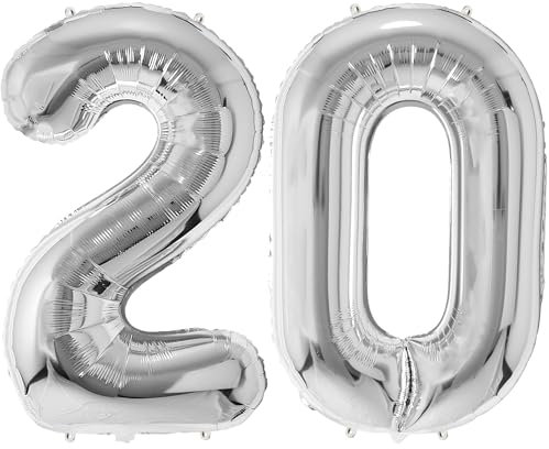 FUNFEST 100 cm silberne Luftballons zum 20. Geburtstag – Geburtstagsballon-Dekoration – inklusive XL-Ballon zum 20. Geburtstag und Strohhalm – Fliegen mit Helium