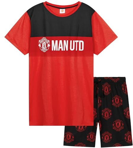 Manchester United F.C. Boys Short Pyjamas Set, Breathable Lounge Wear - Man United Gifts for Boys (Black/Red AOP, 13-14 Years)
