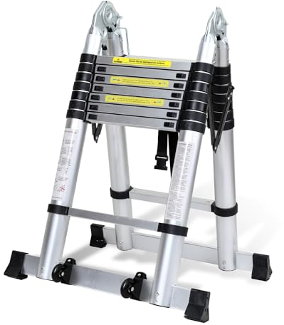 Cecaylie Scala telescopica A Frame, scala pieghevole in alluminio con stabilizzatore triangolare e ruote, portata massima 150 kg (2,5 m + 2,5 m argento)