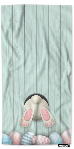 AOYEGO Mikrofaser-Handtücher, Osterhasen, bunte Eier, Kaninchen, Blau, Holzdielen, Badetücher, Küchenhandtücher für Damen, Herren, Mädchen, Jungen, 38,1 x 76,2 cm