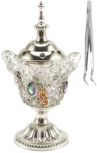 Yawlsow Weihrauch-Kohle-Räuchergefäß, Bakhoor-Räucherstäbchenständer, christliche Kirche, ideal für Aromatherapie, Yoga, Spa und Zuhause (Silber), ATX0007-8