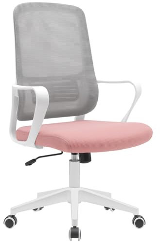 BAKAJI Sedia da Scrivania Ergonomica con Ruote Girevoli Antigraffio, Schienale in Tessuto Traspirante e Supporto Lombare, Poltrona da Studio Ufficio Regolazione Altezza Gas 98-108cm (Rosa e Grigio)