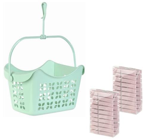 Engelland - 1 x Wäscheklammern-Korb, Farbe: Mint-Grün, inlusive 40 Wäscheklammern, Farbe: Hell-Rosa, Hängekorb, mit Griff und Haken zum Auf-Hängen, PP-Kunststoff, L 24 x B 14,5 x H 13 cm