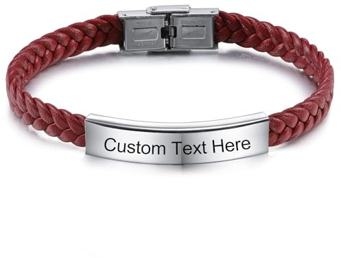INBLUE Bracciale in Pelle Personalizzato con Incisione Testo Bracciale per Uomo Amico Etichetta in Acciaio Inox Regolabile Bracciale Corda Intrecciata Gioielli Moda Regalo per Anniversario - Rosso