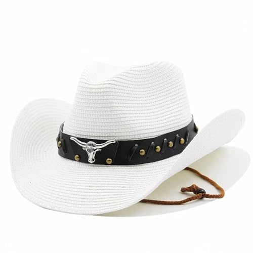 Plancholo Chapeau de cowboy en paille - Chapeau de soleil à large bord - Chapeau Fedora Panama - Chapeau de paille d'été pour homme et femme, blanc, Taille unique