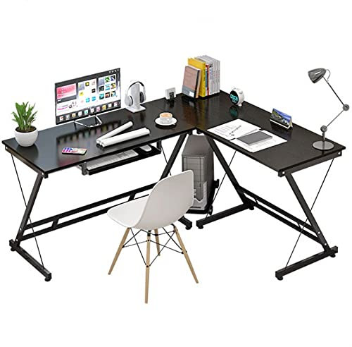 CLLBANT Study Table Writing Desk Modern Minimalist Corner Writing Desk PC Laptop Desk L-Shaped PC Workstation with Keyboard Tray Stable Z-Shaped Metal Frame Home Office Furniture Gaming PC