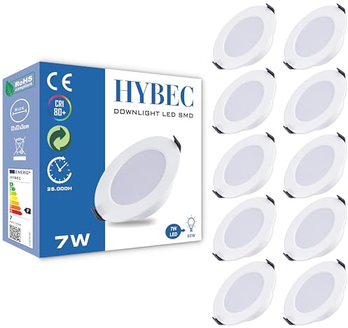 HYBEC - LED Einbaustrahler Flach, Einbaustrahler LED, LED Einbaustrahler, LED Spots, Spots Deckenleuchte LED, LED Einbauleuchten, Downlight, LED Downlight, LED Panel Light, 7W (Pack 10)