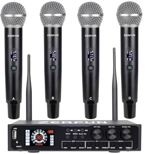 ZERFUN Pro Système de microphone sans fil 4 canaux rechargeable et pré-effecteur, micros sans fil UHF en métal avec écran LCD, coupe vocale, Bluetooth, port USB, XLR, 1/4, optique, entrée/sortie RCA