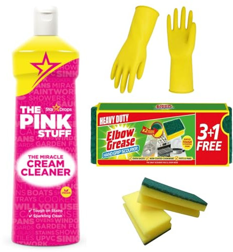 The Pink Stuff Cleaning Products - 500 ml Pink Stuff Cream Cleaner Bundle with Gloves and Elbow Grease Sponge 3+1 - Ideal Cleaning Products Bundle for Kitchen and Bathroom Surfaces