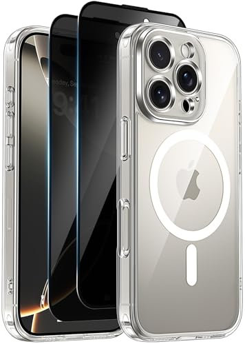 Helssitot Cover Magnetica per iPhone 16 Pro Compatibile con Mag safe con 2 Pellicola Protettiva Privacy, [Anti Ingiallimento] Antiurto Custodia Sottile Anti-Graffio Retro Rigida PC Case - Trasparente