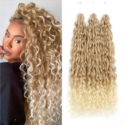 WoWCFyyds 24Inch Deep Wave Twist Curly Crochet Hair Extensions Pack Deep Wavy Air Curl Bulk Hair Synthetic Boho Braids Water Wave Crochet Hair Extension for Women (T27/613, 24Inch-3Pack)