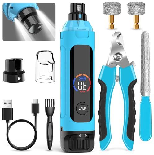 Dog Nail Grinder 6-Speed with LED Display, Dog & Cat Nail Clippers and Trimmers, Pet Nail Grinder with 2 LED Lights - Super Quiet Rechargeable Claw Trimmer for Large Medium Small Dogs/Cats (Blue)