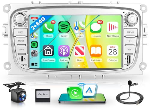 2G+64G Inalámbrico Carplay Android Radio Coche para Ford Focus II mk2 Mondeo S-MAX C-MAX Galaxy Kuga 7 Pulgadas Radio con Android Auto Navi GPS WiFi Mirror Link Bluetooth FM/RDS/EQ/SWC Cámara Trasera