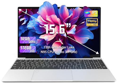AocBook 15.6 Silver Slim Laptop with 32GB DDR4 RAM, High-Speed 512GB NVMe SSD, N95 Processor Up to 3.4GHz, FHD IPS Display, Backlit Keyboard (Silver, 32GB RAM | 512GB SSD)