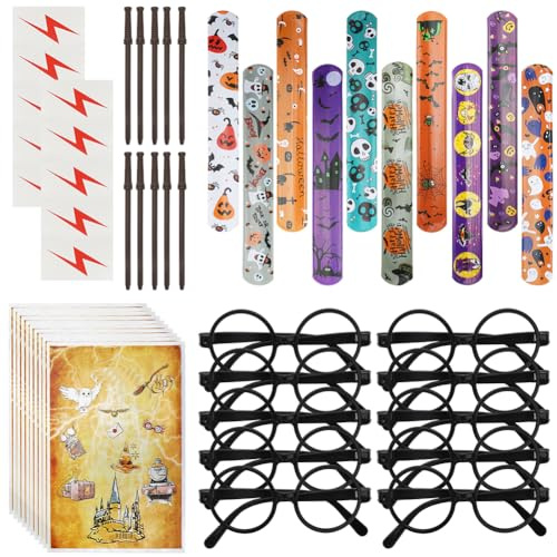 CEWROM Magic Wizard Party Mitgebsel, 50PCS Party Mitgebsel Kindergeburtstag mit Zauberstab Stifte, Brillen, Lightning Bolt Scar Temporary Tattoos, Taschen, Slap Armbänder für Festival Party Dekoration