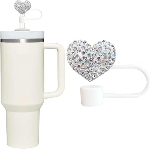 Bling Hearts Straw Covers Cap for Stanley Cup, Bling Diamond Rhinestone, 10mm Silicone Toppers, Straw Topper Compatible for Stanley 30&40 Oz Tumbler with Handle, Reusable Straws (Silver)