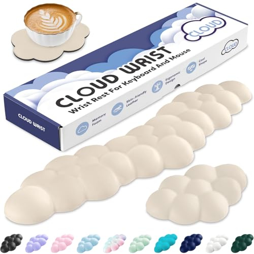 Sushret Cloud Wrist Rest for Keyboard and Mouse, Memory Foam PU Leather Keyboard Wrist Rest with Ergonomic Support, Non-Slip Base, Cute Arm Rest Pad & Palm Cushion, Office Desk Accessory, Beige