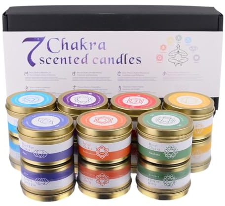 7 Chakra Duftkerzen Geschenkset – 7x Duftkerze mit ätherischen Ölen & Edelsteinen in stabiler Geschenkbox – Aromatherapie Kerzen – Meditation, Yoga, Reiki, Entspannung