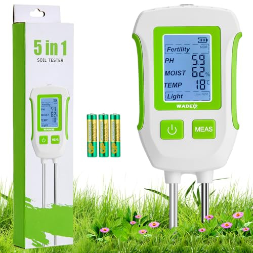 WADEO Misuratore Terreno 5-in-1 Digitale, per pH Fertilità Umidità Temperatura Luce Solare, con Display LCD Retroilluminato e Doppia Sonda, per Piante da Interno/Esterno Giardinaggio