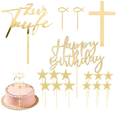 2-Set Tortendeko - Inkl. Cake Topper Taufe und Happy Birthday Deko Torte Set, Tortendeko Junge Mädchen, Gold Torte Deko für Babyparty Hochzeitstorte Geburtstag Kommunion Taufe Party ﻿