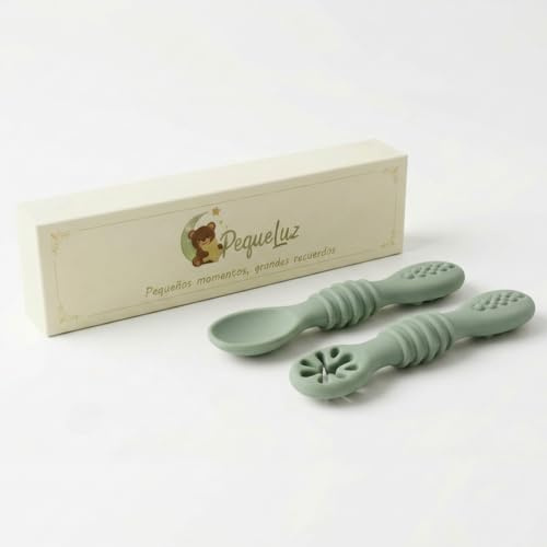 Cucharas Bebé 6 Meses BLW – Set 2 Silicona LFGB | Para Comer Solo Sin Frustración | Antiahogo | Fácil Agarre | Sin BPA | PequeLuz (Verde)