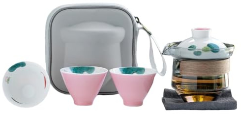 Théière en céramique peinte à la main avec trois tasses de thé frais de voyage pour la maison – nénuphar et poudre de fleur de cerisier