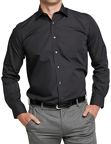 Double TWO Men's Long Sleeve Plain Formal Shirt Non Iron Classic Fit Business Dress Shirt - Black, 21in Collar
