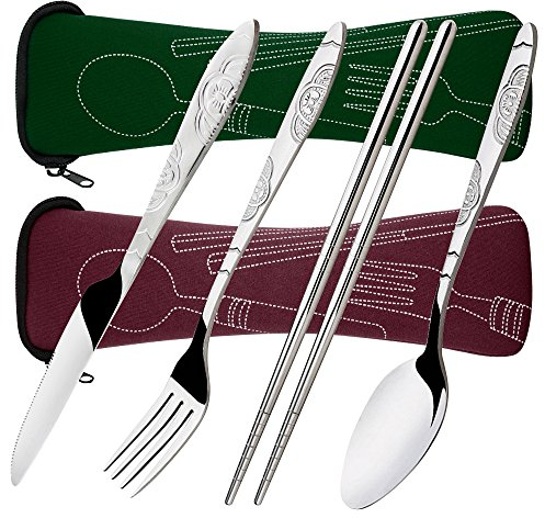 Ménagères Assorties en Acier Inoxydable, SENHAI 2 Paquets 8 Pièces de Couvert Incluent Couteau Fourchette Cuillère Baguettes, avec Etui de Transport de Protection - Rouge-marron, Vert Foncé