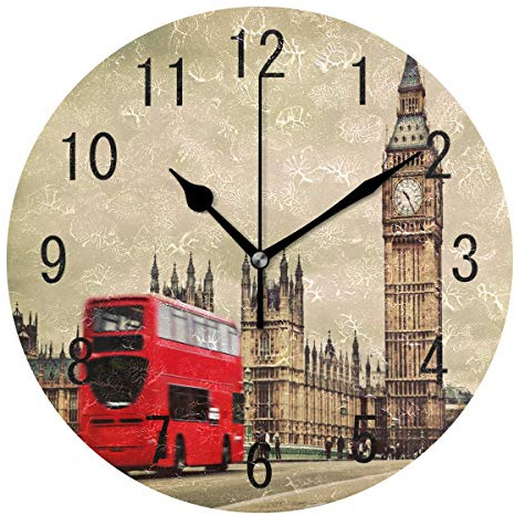 Domoko Home Decor London Big Ben Red Bus Vintage Runde Acryl Wanduhr nicht tickend leise Uhr Kunst für Wohnzimmer Küche Schlafzimmer