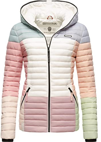 Navahoo Damen Übergangsjacke Colorblocking leichte Steppjacke mit Kapuze Multikulti Multicolour Pastel Gr. XS