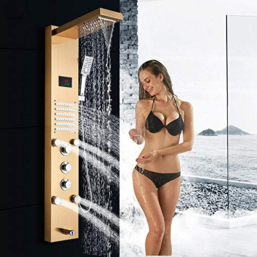 Huin Panneau de douche de bain LED robinet de colonne de douche de pluie cascade dorée écran de température numérique système de douche mélangeur bec de baignoire